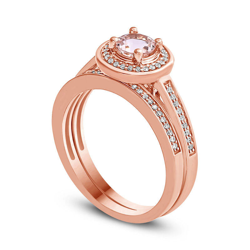 5.0mm Morganite and 0.20 CT. T.W. Natural Diamond Frame Bridal Engagement Ring Set in Solid 10K Rose Gold