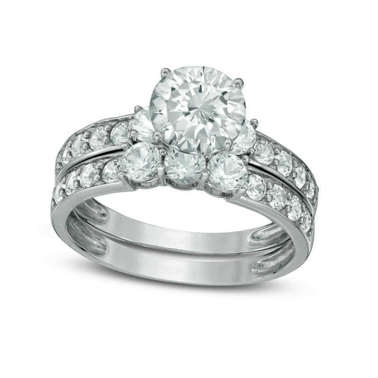 Lab-Created White Sapphire Three Stone Bridal Engagement Ring Set in Solid 10K White Gold