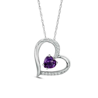 6.0mm Heart-Shaped Amethyst and Lab-Created White Sapphire Heart Pendant in Sterling Silver