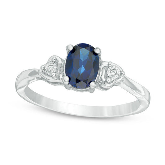 Oval Lab-Created Blue Sapphire and Diamond Accent Heart Sides Ring in Sterling Silver