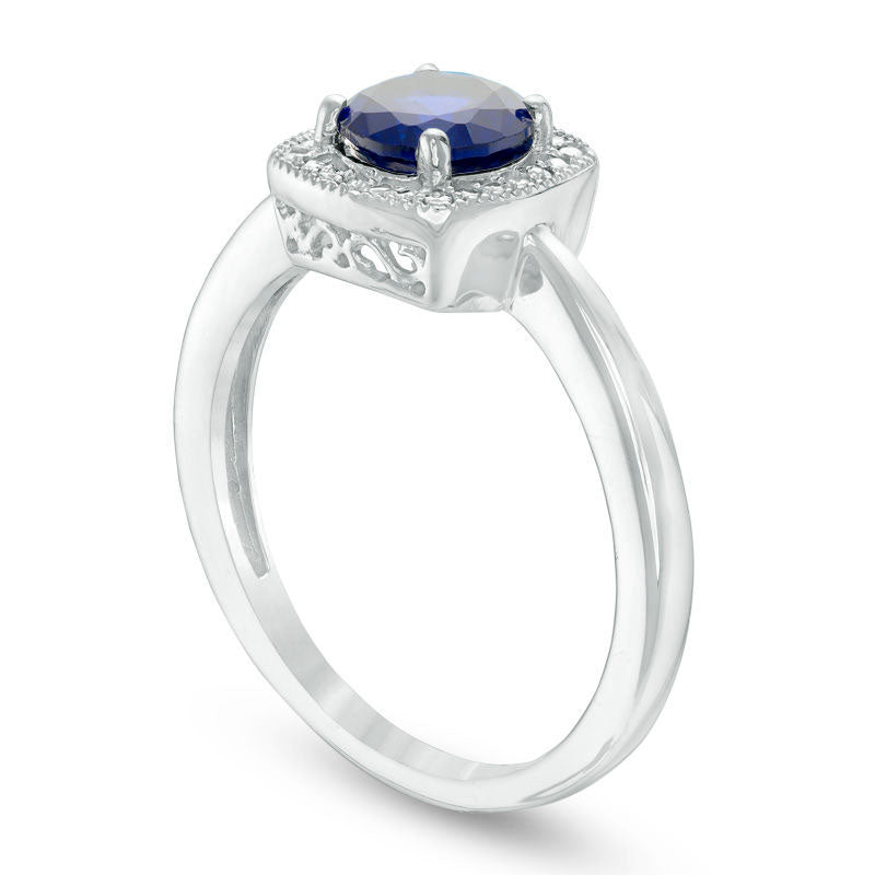 6.0mm Lab-Created Blue Sapphire and Diamond Accent Beaded Frame Antique Vintage-Style Ring in Sterling Silver