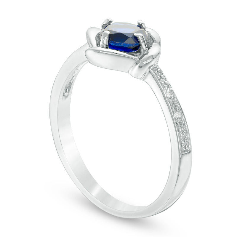 5.0mm Cushion-Cut Lab-Created Blue Sapphire and Diamond Accent Swirl Frame Ring in Sterling Silver