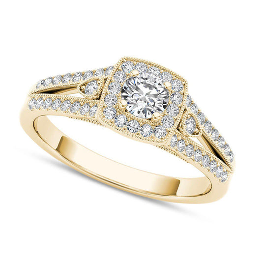 0.50 CT. T.W. Natural Diamond Cushion Frame Split Shank Antique Vintage-Style Engagement Ring in Solid 14K Gold