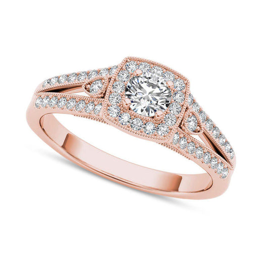 0.50 CT. T.W. Natural Diamond Cushion Frame Split Shank Antique Vintage-Style Engagement Ring in Solid 14K Rose Gold