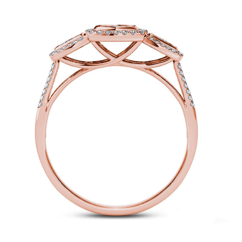 0.50 CT. T.W. Composite Natural Diamond Three Stone Cushion Frame Engagement Ring in Solid 14K Rose Gold