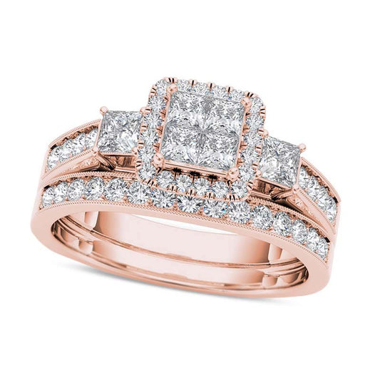 1.0 CT. T.W. Quad Princess-Cut Natural Diamond Three Stone Frame Antique Vintage-Style Bridal Engagement Ring Set in Solid 14K Rose Gold