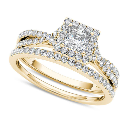 1.0 CT. T.W. Princess-Cut Natural Diamond Frame Twist Bridal Engagement Ring Set in Solid 14K Gold