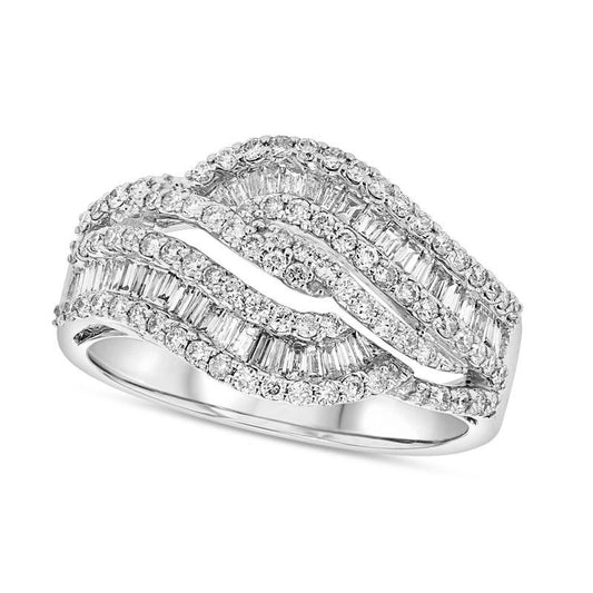 1.0 CT. T.W. Baguette and Round Natural Diamond Bypass Wave Ring in Solid 18K White Gold (H/I1)
