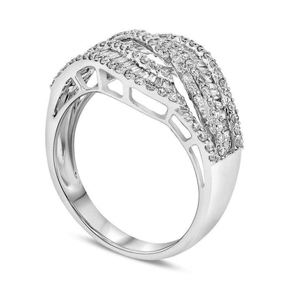 1.0 CT. T.W. Baguette and Round Natural Diamond Bypass Wave Ring in Solid 18K White Gold (H/I1)