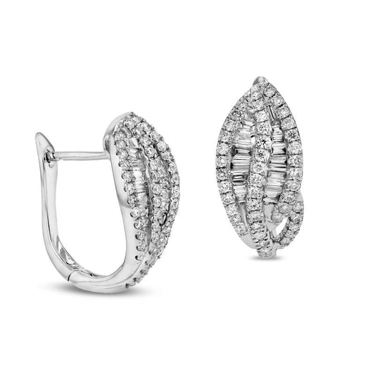 1-1.1 CT. T.W. Baguette and Round Diamond Leaf Hoop Earrings in 18K White Gold (H/SI2)
