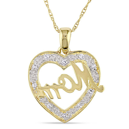 Natural Diamond Accent "Mom" Heart Pendant in 10K Yellow Gold - 17"