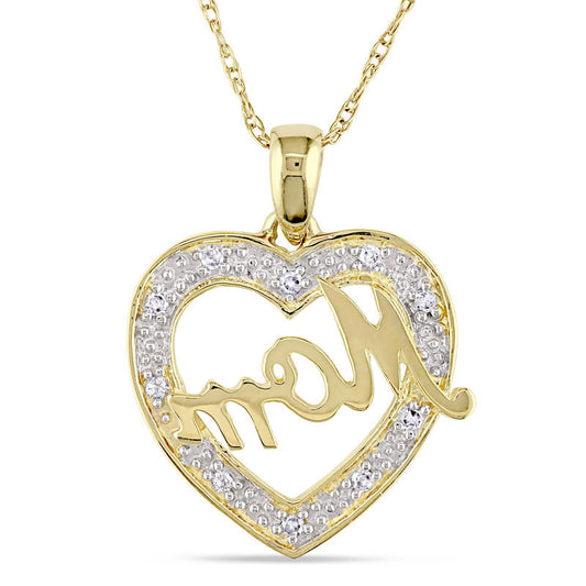 Natural Diamond Accent "Mom" Heart Pendant in 10K Yellow Gold - 17"
