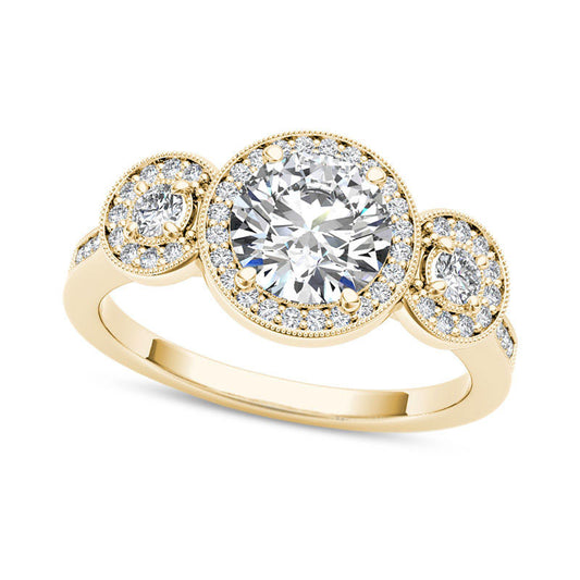 1.5 CT. T.W. Natural Diamond Frame Antique Vintage-Style Three Stone Engagement Ring in Solid 14K Gold