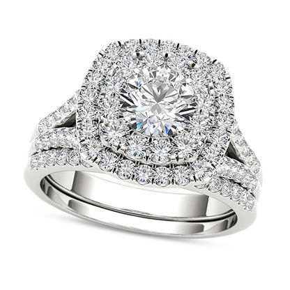 2.0 CT. T.W. Natural Diamond Double Cushion Frame Split Shank Bridal Engagement Ring Set in Solid 14K White Gold