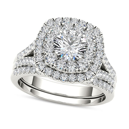 2.0 CT. T.W. Natural Diamond Double Cushion Frame Split Shank Bridal Engagement Ring Set in Solid 14K White Gold