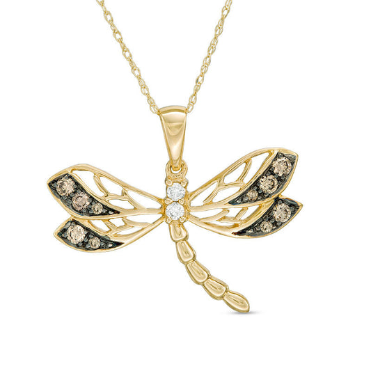 0.25 CT. T.W. Champagne and White Natural Diamond Dragonfly Pendant in 10K Yellow Gold