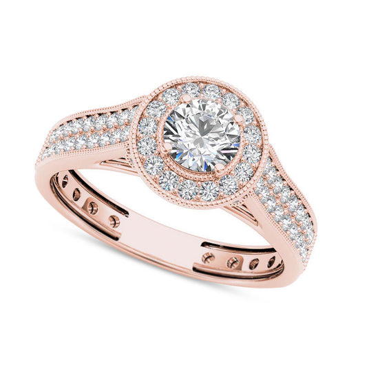 1.0 CT. T.W. Natural Diamond Frame Antique Vintage-Style Double Row Engagement Ring in Solid 14K Rose Gold