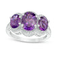 Oval Amethyst and Natural Diamond Accent Three Stone Frame Ring in Sterling Silver