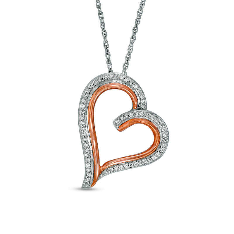 0.2 CT. T.W. Natural Diamond Tilted Heart Pendant in Sterling Silver and 10K Rose Gold