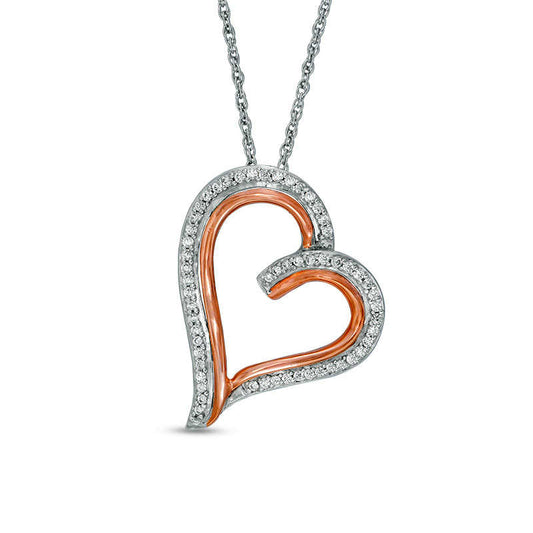 0.2 CT. T.W. Natural Diamond Tilted Heart Pendant in Sterling Silver and 10K Rose Gold