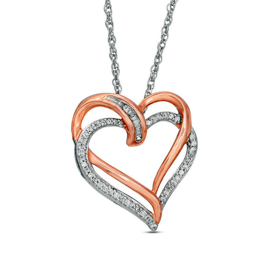 0.17 CT. T.W. Baguette and Round Natural Diamond Tilted Double Heart Pendant in Sterling Silver with 14K Rose Gold Plate