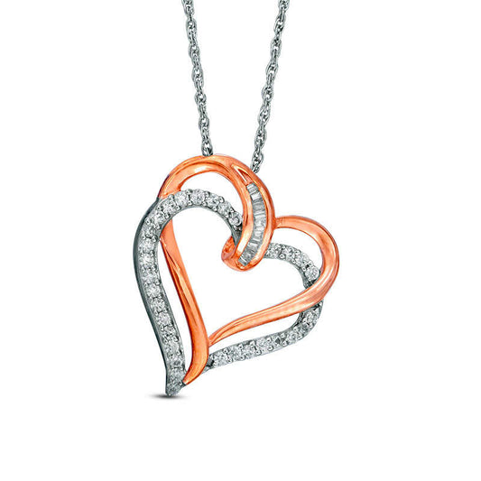 0.25 CT. T.W. Baguette and Round Natural Diamond Tilted Double Heart Pendant in Sterling Silver with 14K Rose Gold Plate