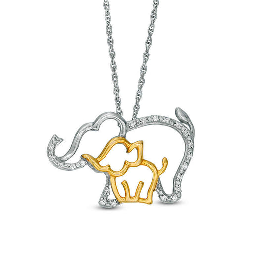 Natural Diamond Accent Elephant and Calf Pendant in Sterling Silver and 10K Yellow Gold