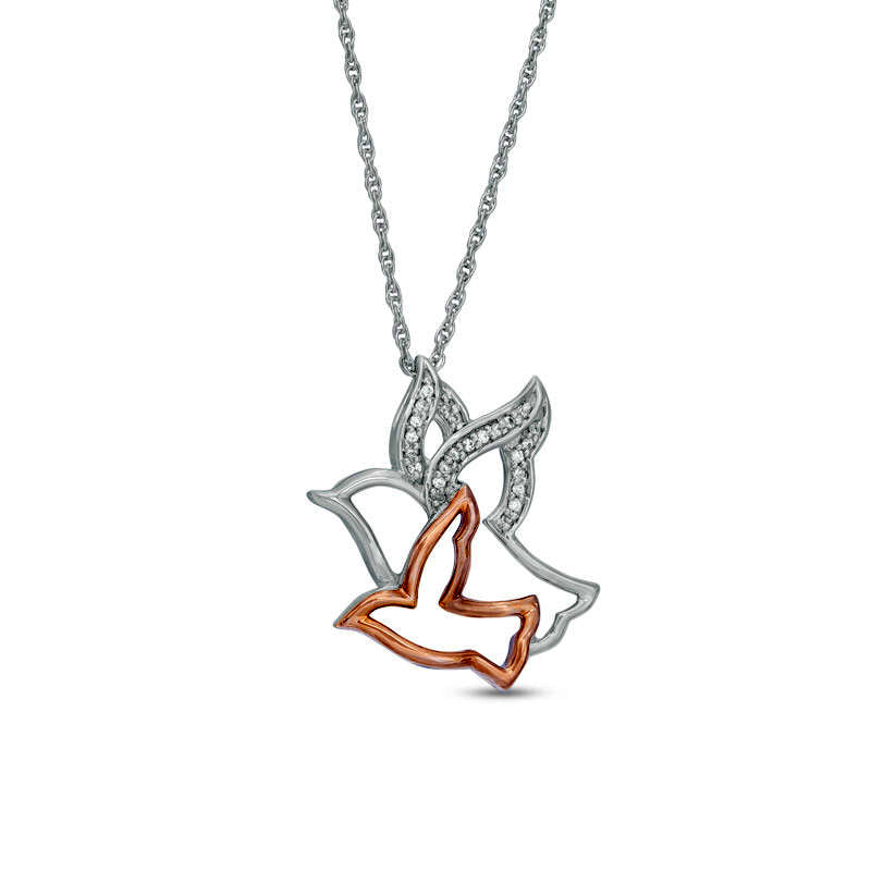 Natural Diamond Accent Birds Pendant in Sterling Silver and 10K Rose Gold