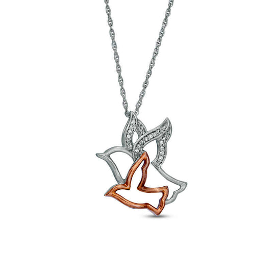 Natural Diamond Accent Birds Pendant in Sterling Silver and 10K Rose Gold