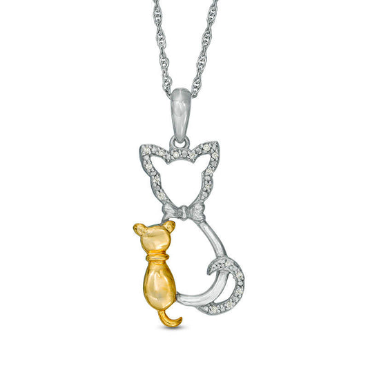 Natural Diamond Accent Cat and Kitten Pendant in Sterling Silver and 10K Yellow Gold