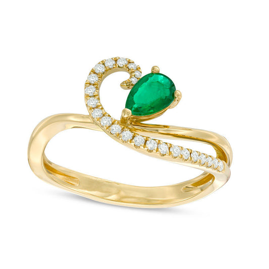 Pear-Shaped Emerald and 0.10 CT. T.W. Natural Diamond Swirl Bypass Ring in Solid 14K Gold