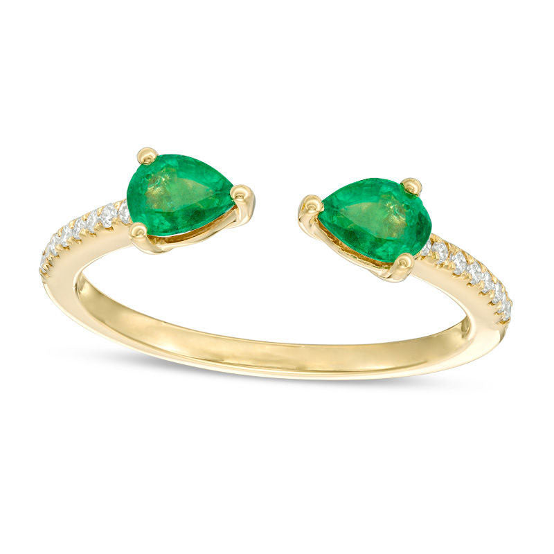 Pear-Shaped Emerald and Natural Diamond Accent Open Shank Ring in Solid 14K Gold