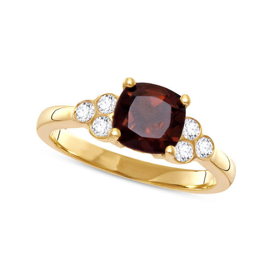 7.0mm Cushion-Cut Garnet and 0.20 CT. T.W. Natural Diamond Tri-Sides Ring in Solid 10K Yellow Gold