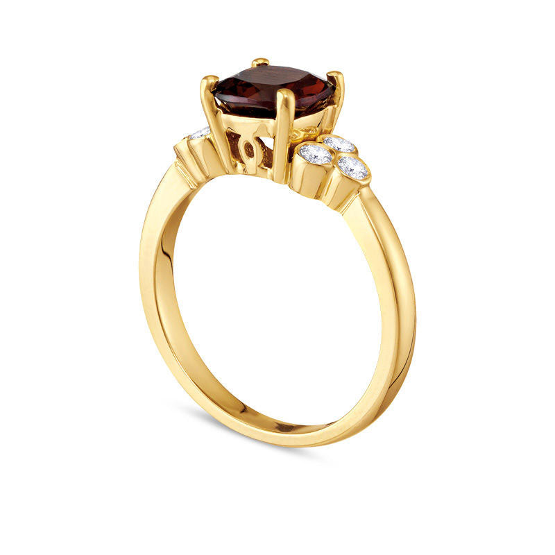 7.0mm Cushion-Cut Garnet and 0.20 CT. T.W. Natural Diamond Tri-Sides Ring in Solid 10K Yellow Gold