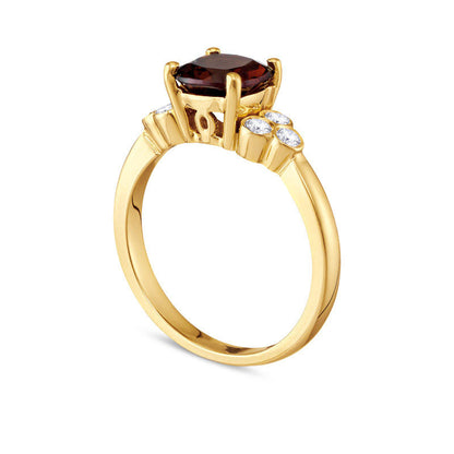 7.0mm Cushion-Cut Garnet and 0.20 CT. T.W. Natural Diamond Tri-Sides Ring in Solid 10K Yellow Gold