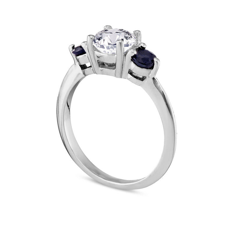 6.5mm White Topaz and Blue Sapphire Three Stone Ring in Solid 10K White Gold