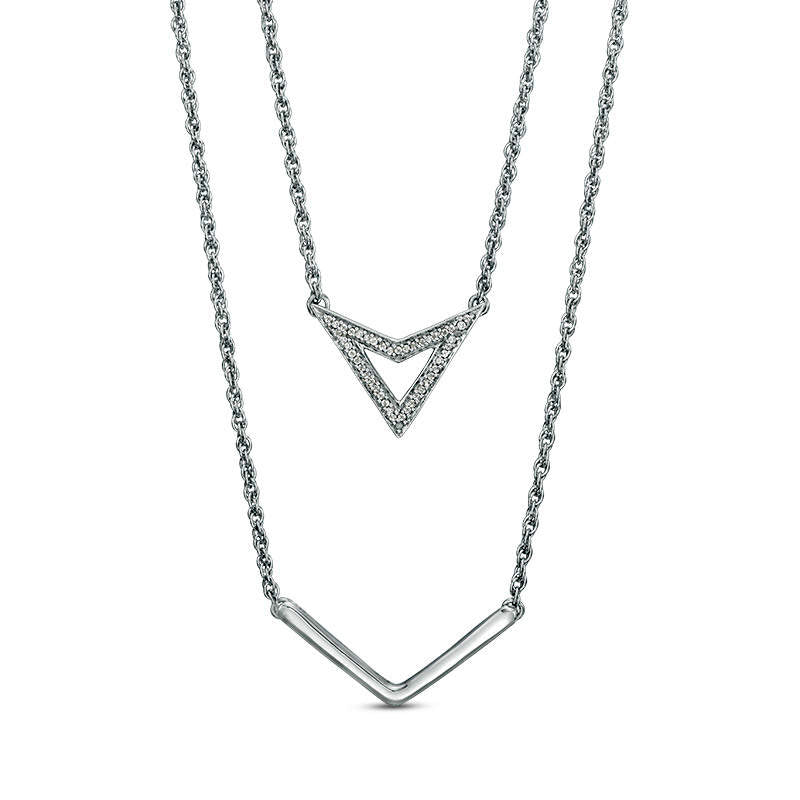 Natural Diamond Accent Triangle and Chevron Double Strand Necklace in Sterling Silver - 20"