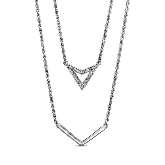 Natural Diamond Accent Triangle and Chevron Double Strand Necklace in Sterling Silver - 20"