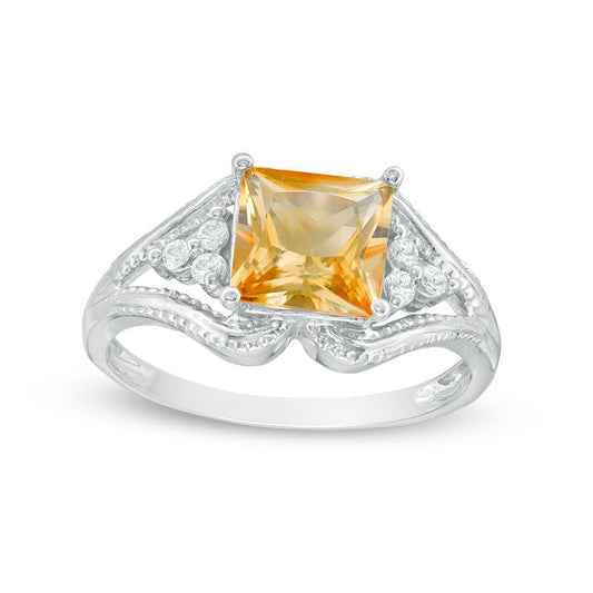 7.25mm Princess-Cut Citrine and Lab-Created White Sapphire Split Shank Ring in Sterling Silver