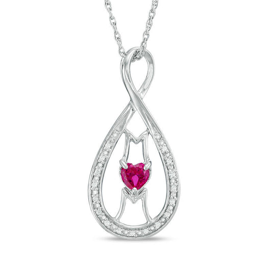 4.0mm Heart-Shaped Lab-Created Ruby and Diamond Accent "MOM" Infinity Pendant in Sterling Silver