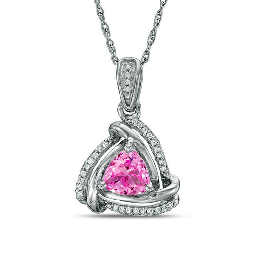 6.0mm Trillion-Cut Lab-Created Pink Sapphire and Diamond Accent Swirl Frame Pendant in Sterling Silver