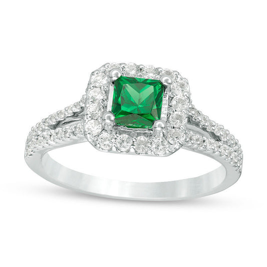Princess-Cut Lab-Created Emerald, White Sapphire and 0.25 CT. T.W. Diamond Frame Engagement Ring in Sterling Silver