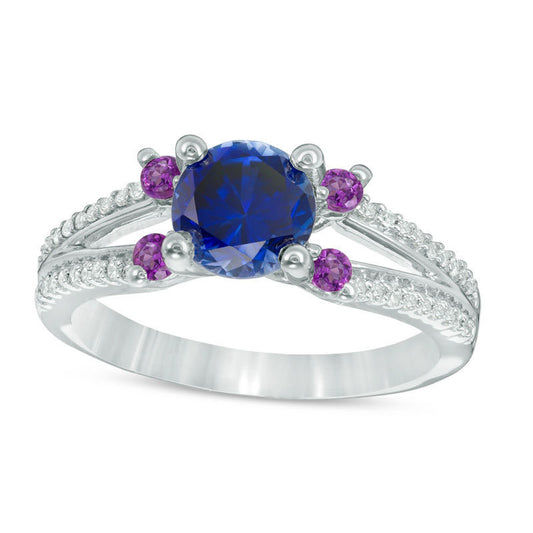 6.5mm Lab-Created Blue Sapphire, Amethyst and 0.17 CT. T.W. Diamond Split Shank Ring in Solid 10K White Gold