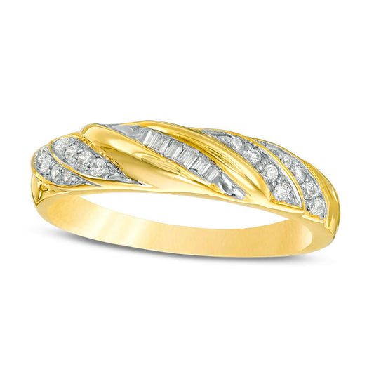 0.17 CT. T.W. Baguette and Round Natural Diamond Twist Slant Anniversary Band in Solid 10K Yellow Gold