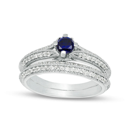 Lab-Created Blue Sapphire and 0.33 CT. T.W. Diamond Antique Vintage-Style Bridal Engagement Ring Set in Solid 10K White Gold