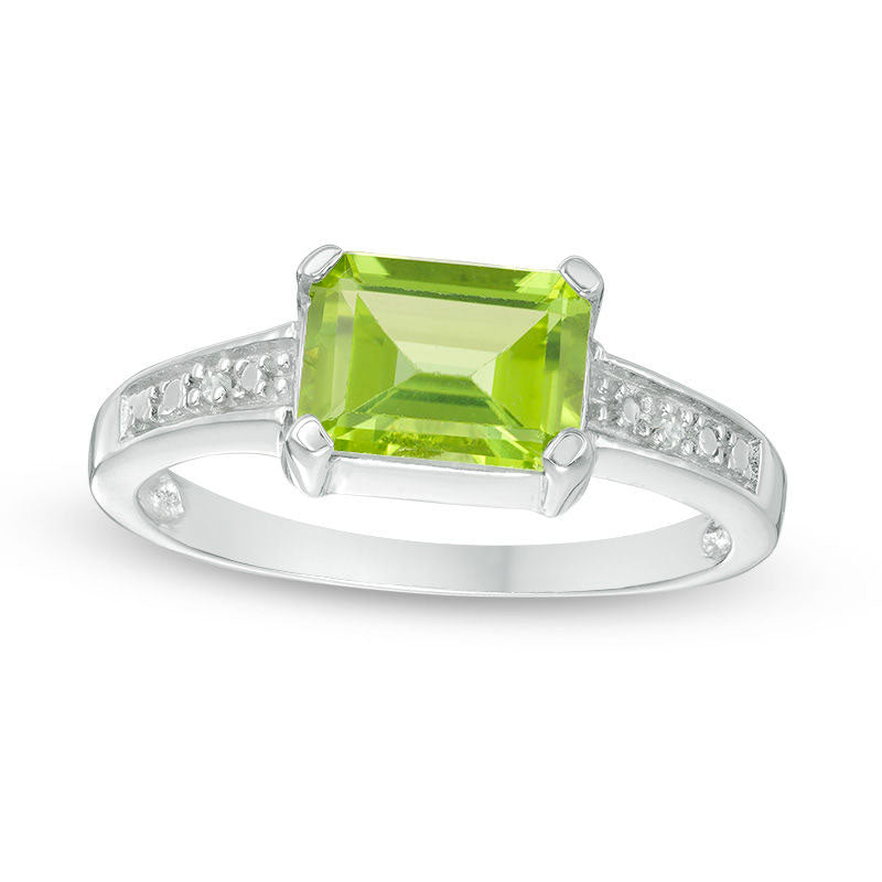 Emerald-Cut Peridot and Natural Diamond Accent Ring in Sterling Silver