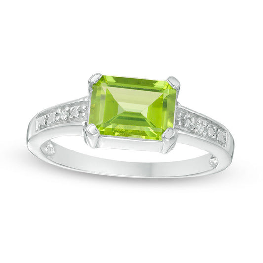 Emerald-Cut Peridot and Natural Diamond Accent Ring in Sterling Silver