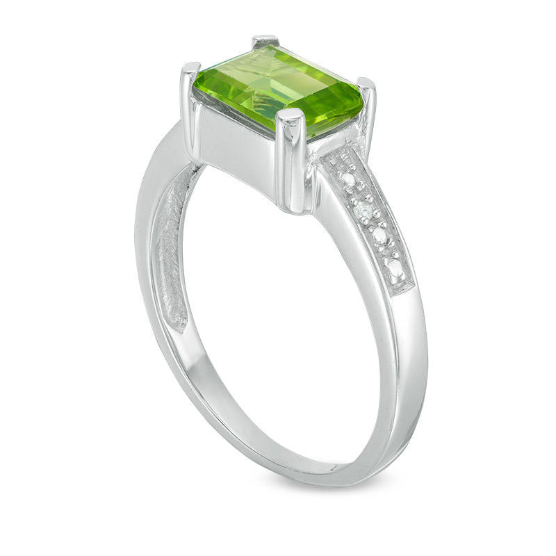 Emerald-Cut Peridot and Natural Diamond Accent Ring in Sterling Silver