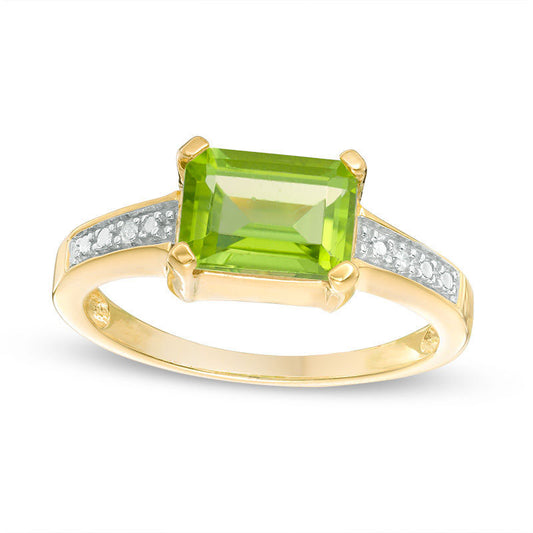 Emerald-Cut Peridot and Natural Diamond Accent Ring in Sterling Silver with Solid 14K Gold Plate