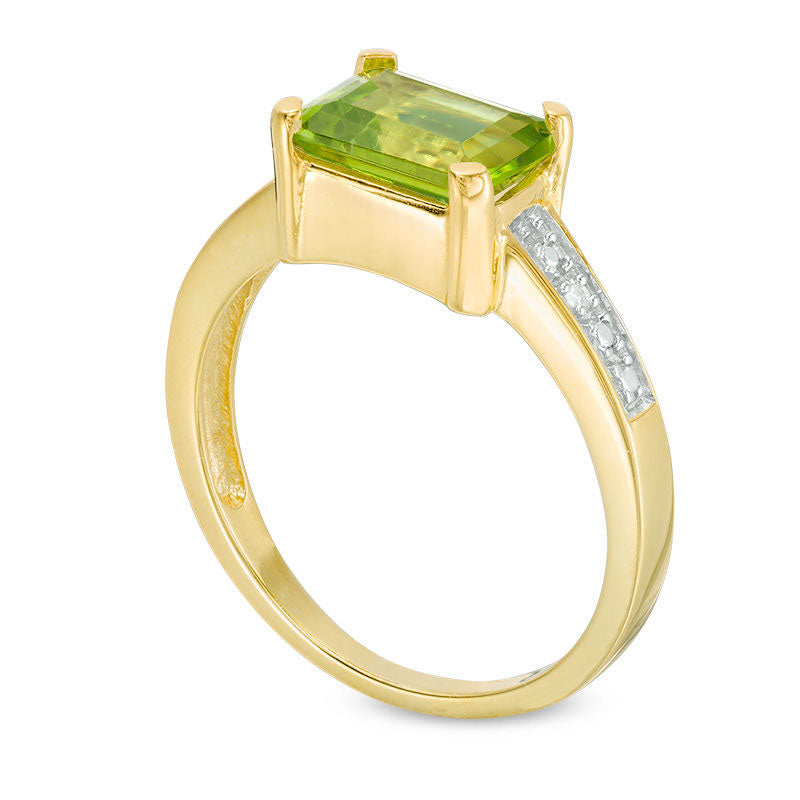 Emerald-Cut Peridot and Natural Diamond Accent Ring in Sterling Silver with Solid 14K Gold Plate